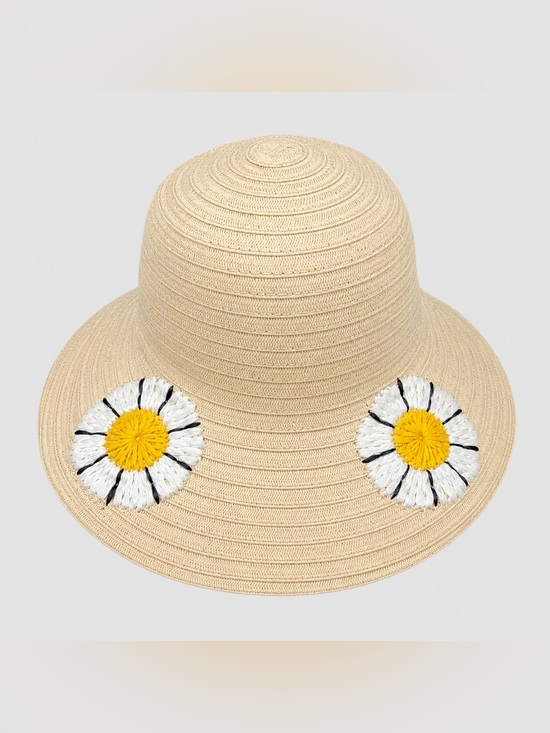 Raffe Accessories - Beige Straw Sun Hat w/ Daisy Flowers Wide Brim Beach Summer Women’s One Size New